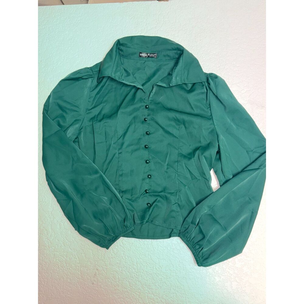 SHEIN Green Ruched Puff Sleeve Blouse Size L 8/10